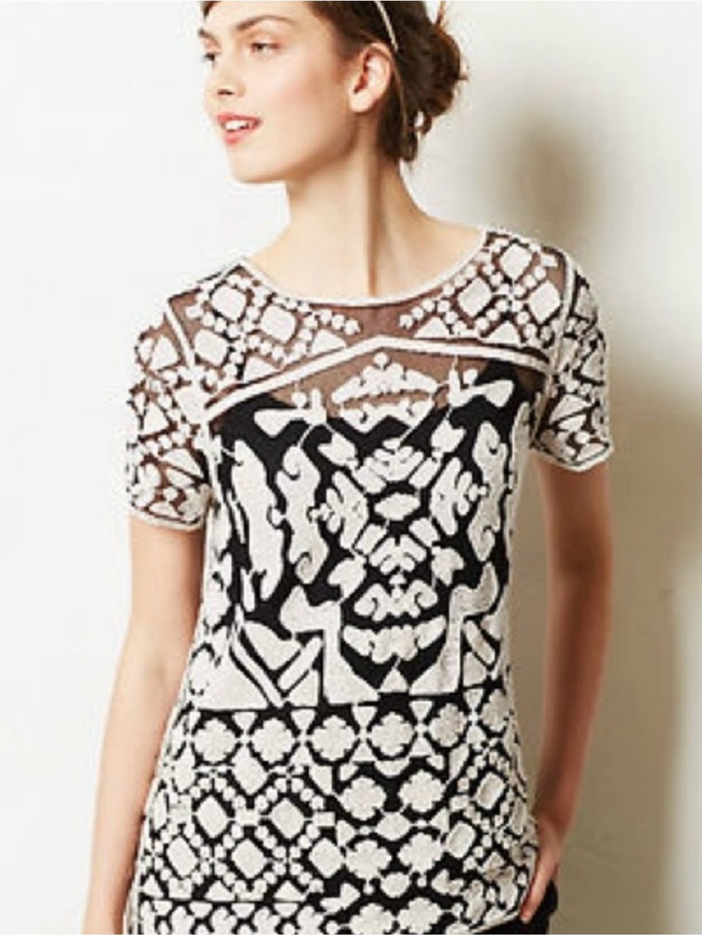 Anthropologie Everleigh Black Sheer & White Short Sleeve Embroidered Overlay Tee